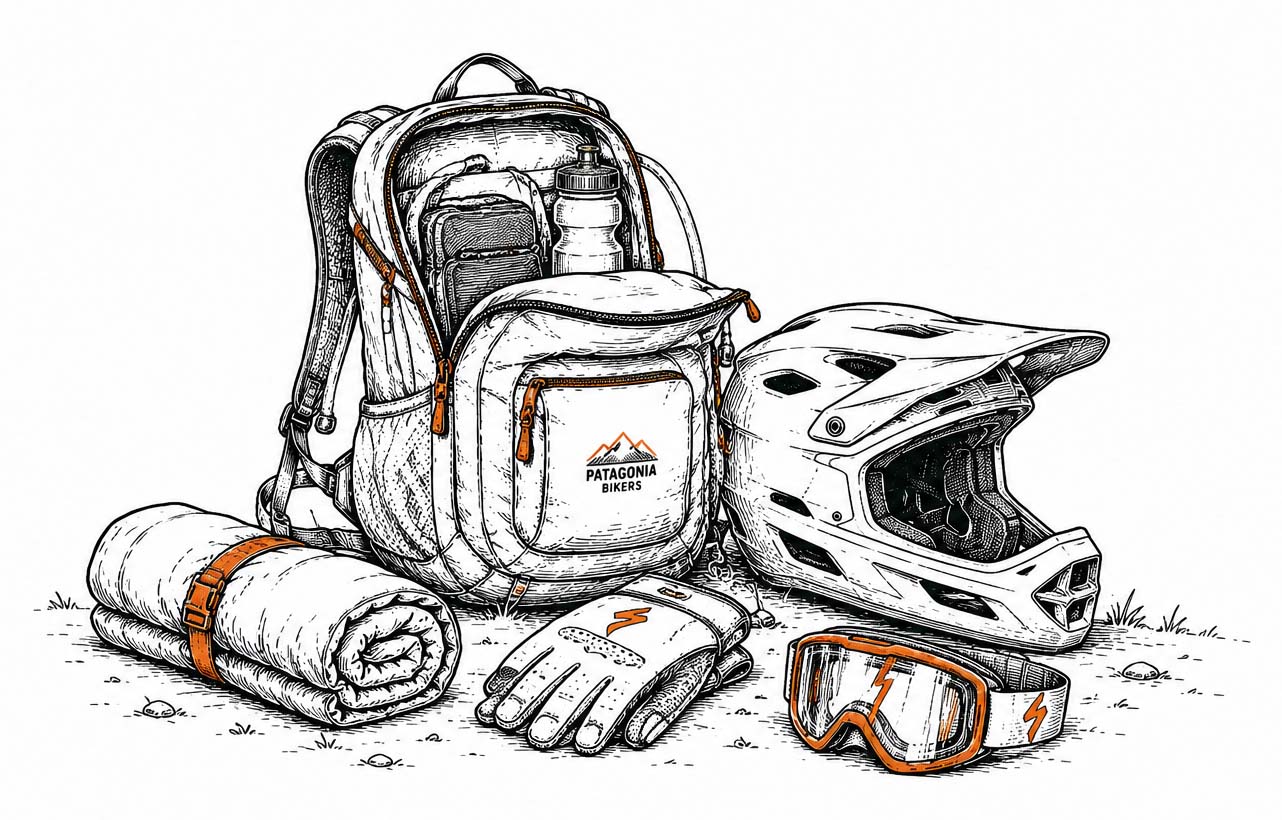 Ilustración del equipo para pedalear: una mochila de Patagonia Bikers, un casco integral, guantes, antiparras y una manta enrollada
