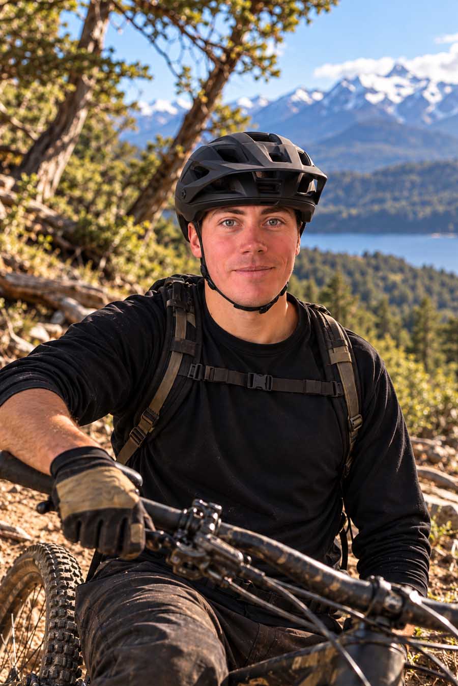 Nicolás Kuschel, Nico, guía de Patagonia Bikers, con casco junto a su bicicleta