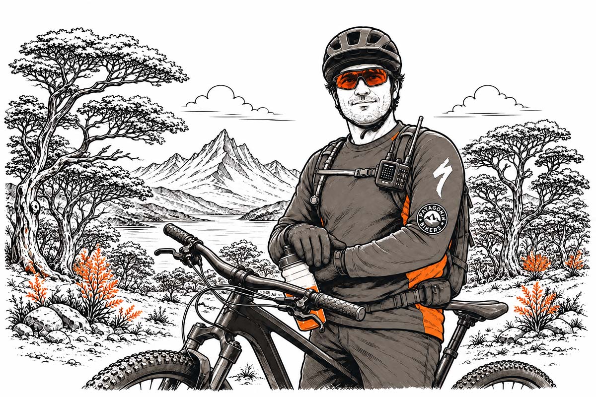 Ilustración de un guía de Patagonia Bikers con su bicicleta, frente a un lago y montañas