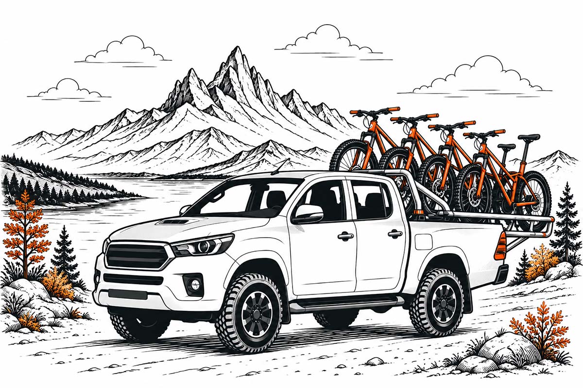Ilustración de una camioneta con bicicletas en la parrilla, frente a montañas y un lago